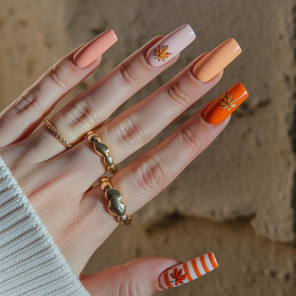 long fall nails 2025 Striped and Leafy Harvest Square Nails