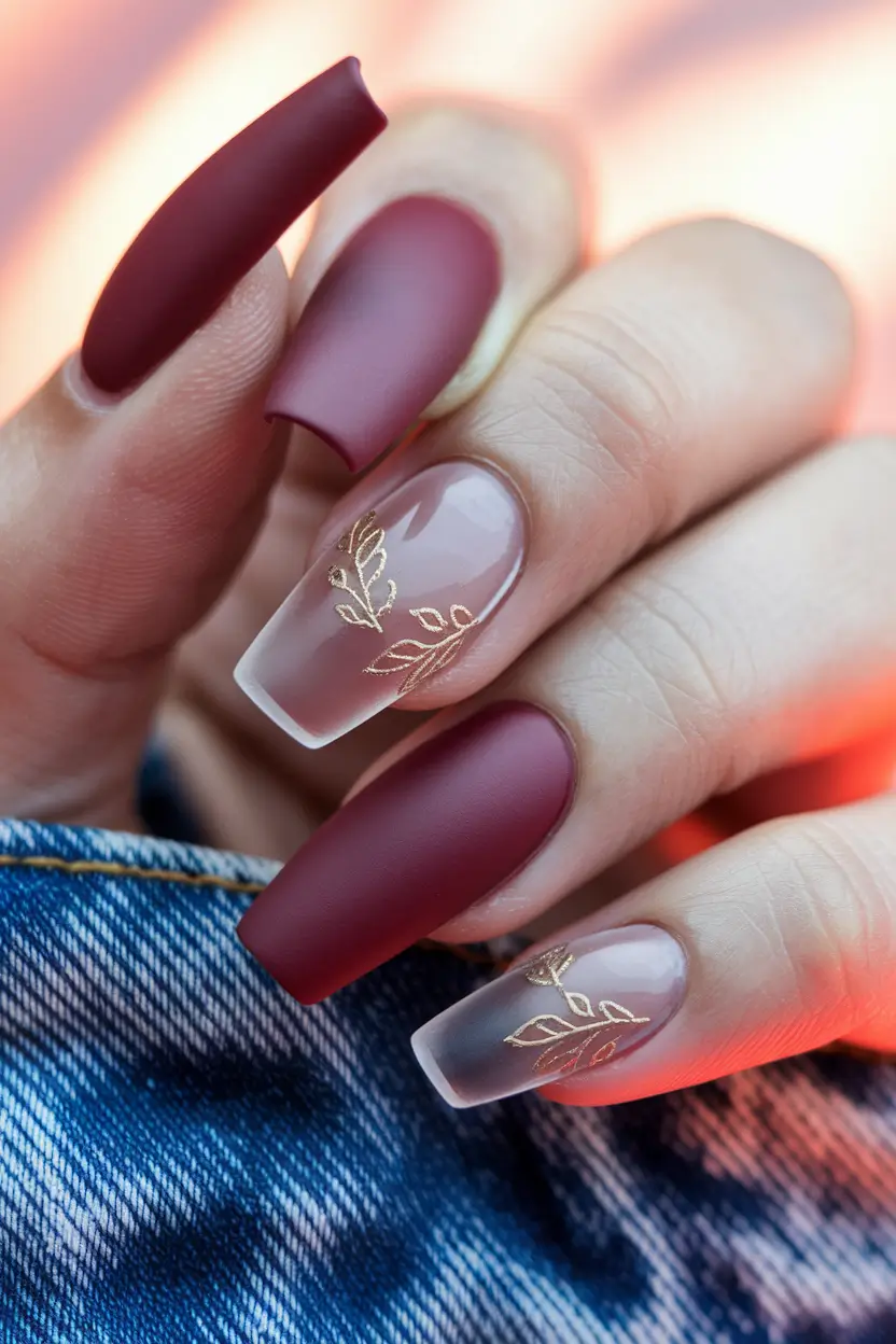 long fall nails trends 2025 Matte Marsala Meets Minimalist Gold