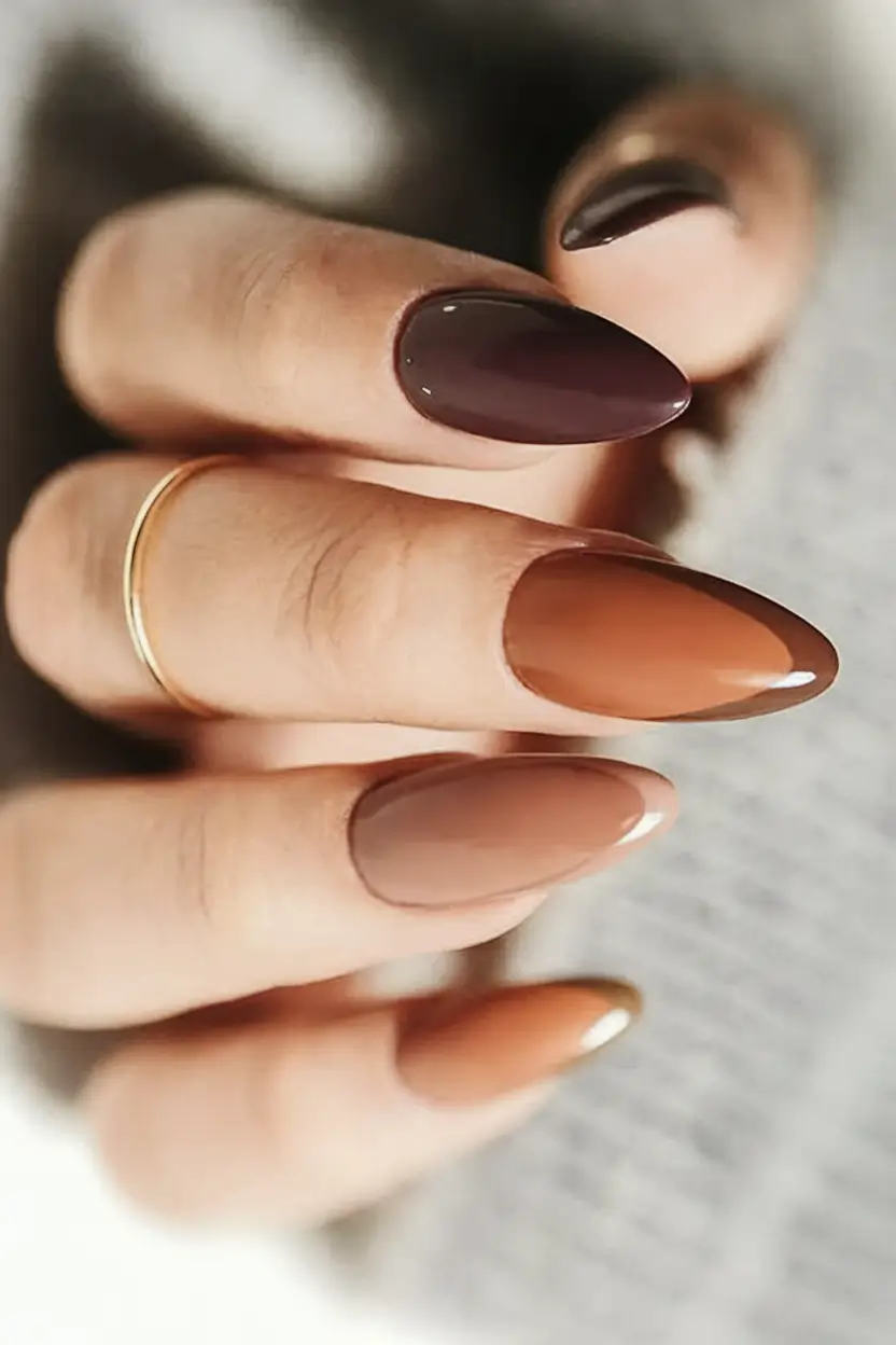 long fall nails trends 2025 Almond Fade in Autumn Browns