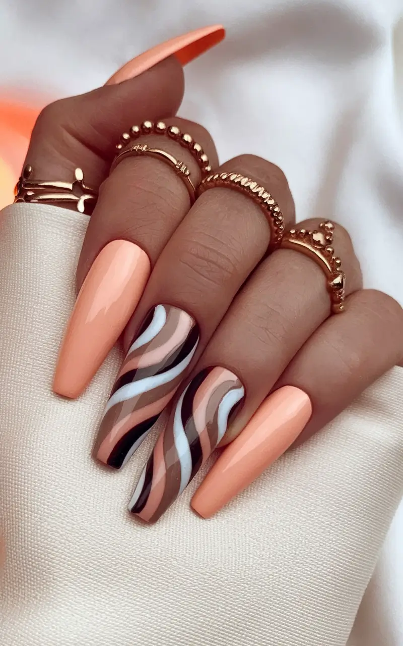 long fall nails 2025 Peach Swirl Coffin Nails