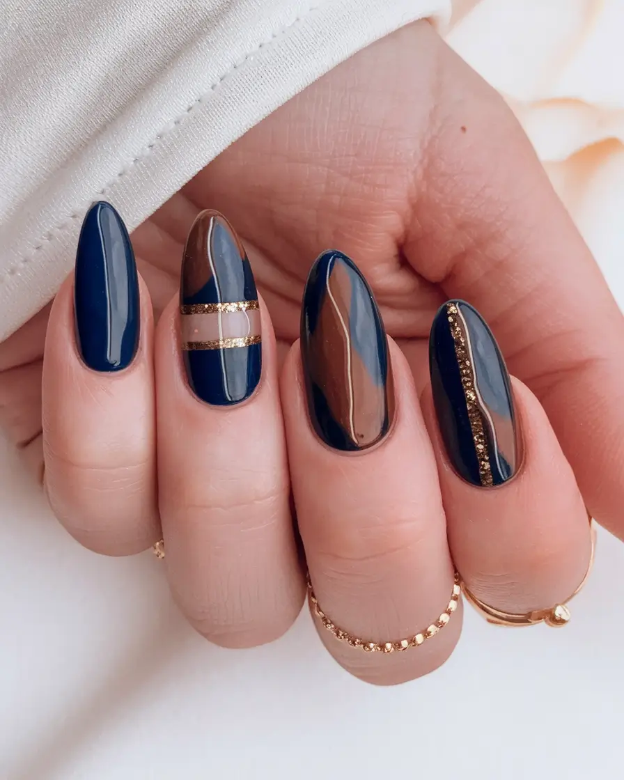 long fall nails trends 2025 Midnight Navy with Mocha Waves