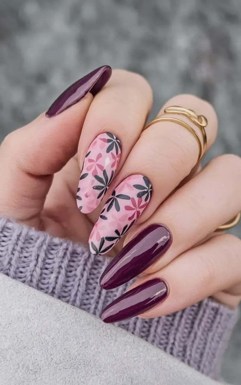long fall nails trends 2025 Glossy Plum with Floral Pink Accents