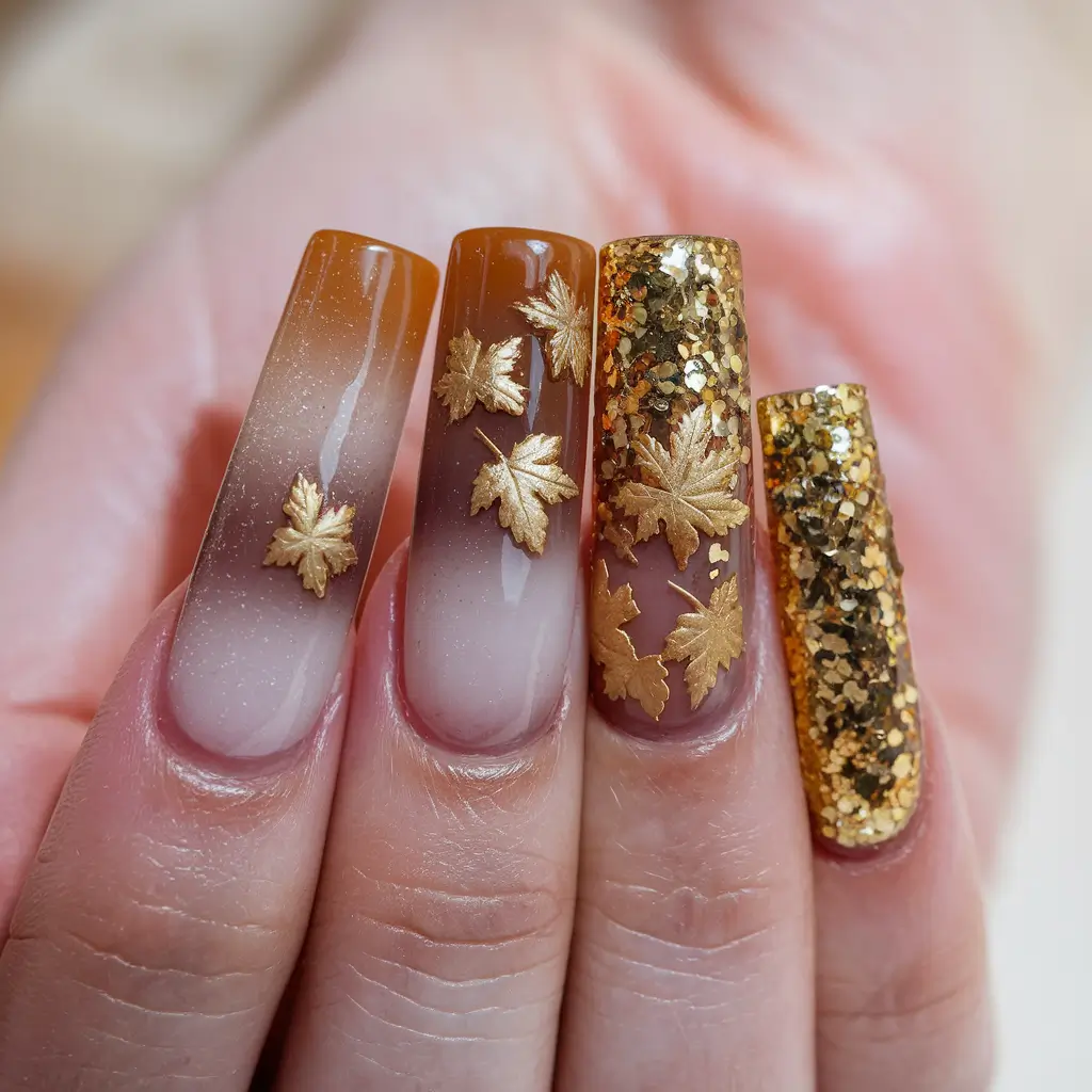 long fall nails 2025 Gold Leafed Fall Ombre Nails