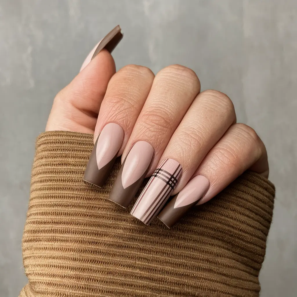 long fall nails 2025 Neutral Modern French With Plaid Accent