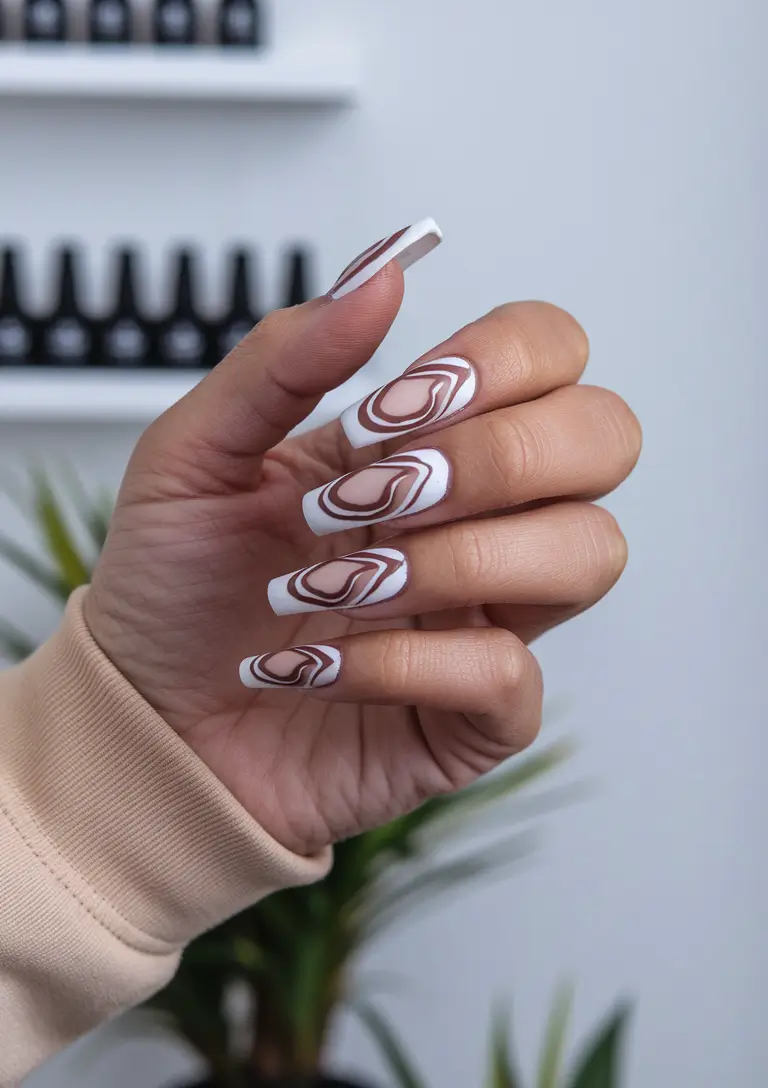 long fall nails 2025 Retro Brown Swirl Nails