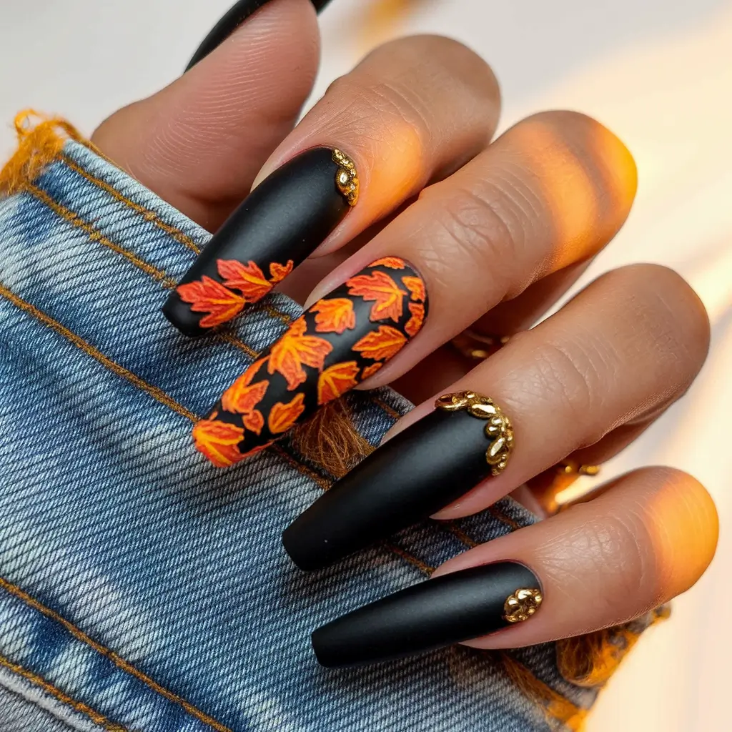 long fall nails 2025 Black Matte with Fiery Maple Leaf Accents