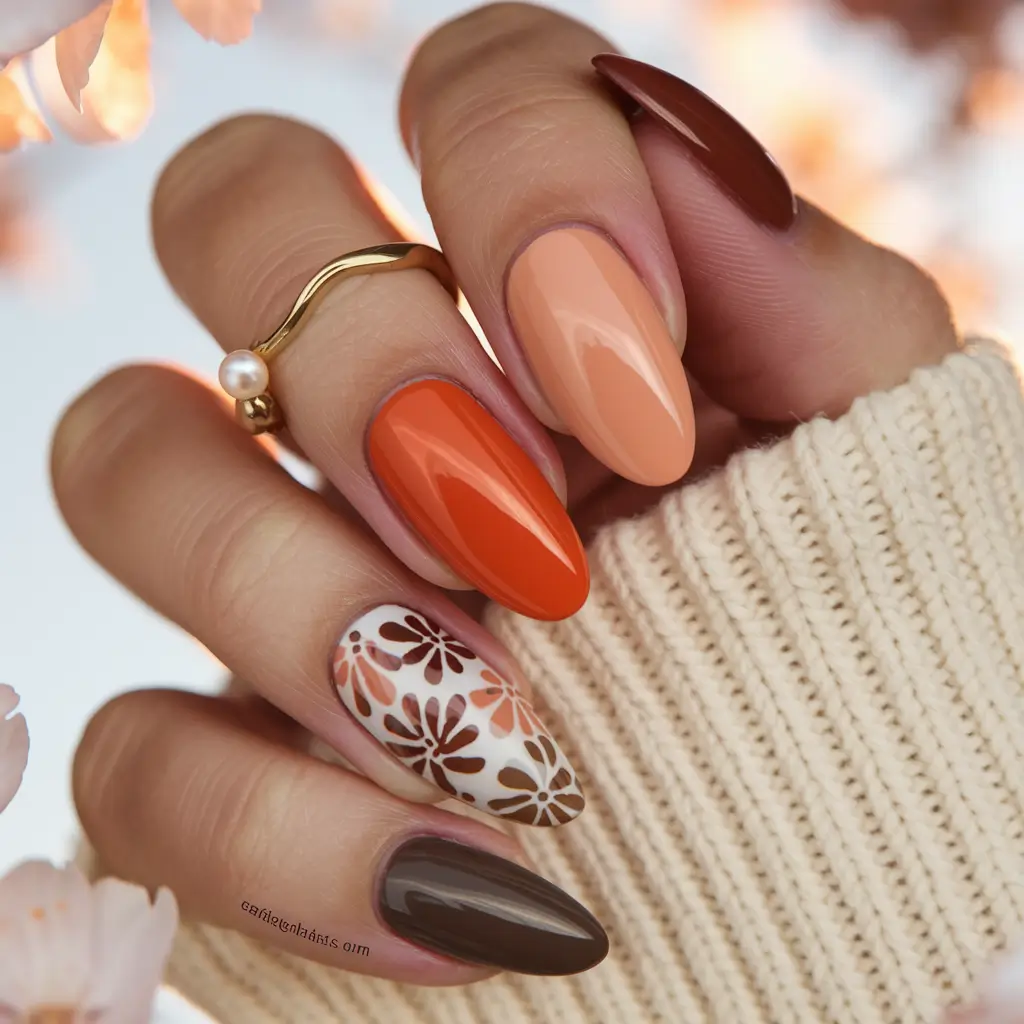 long fall nails 2025 Warm-Toned Floral Almond Nails