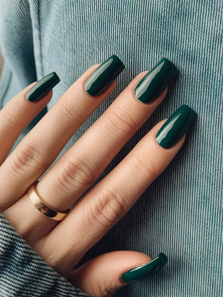 long fall nails 2025 Deep Forest Green Glossy Nails