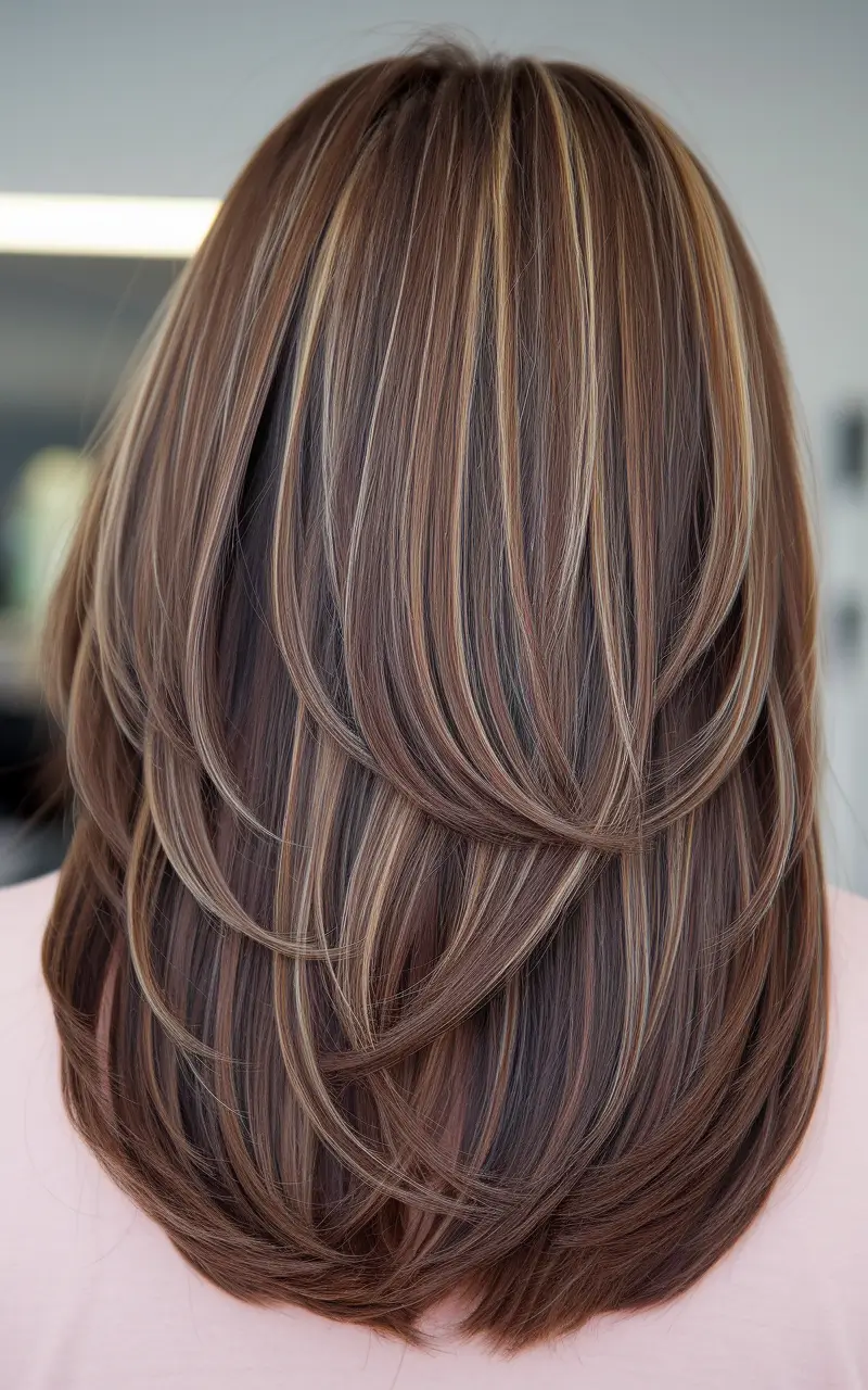 Long Haircut Inspiration for Fall 2025+Layered Brunette with Caramel Blonde Ribbons