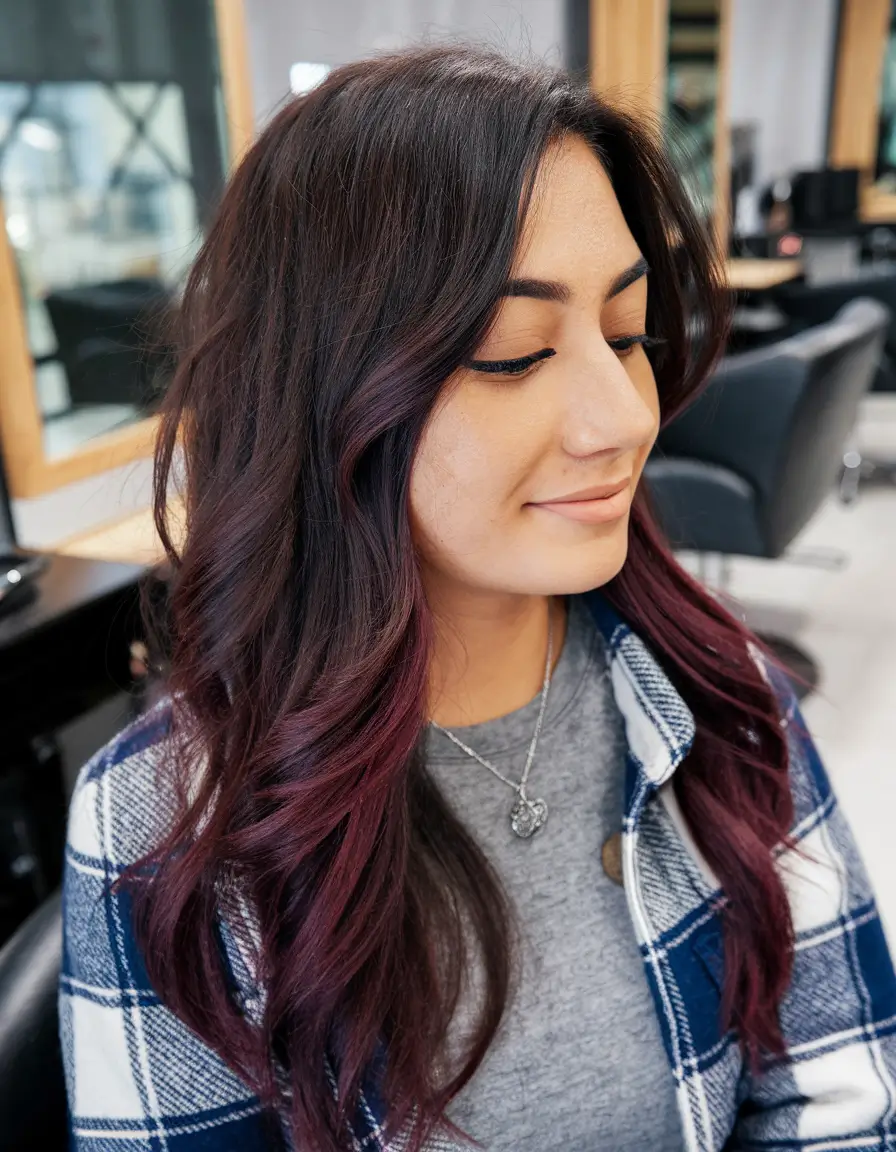Long Haircut Inspiration for Fall 2025+Bold Burgundy Ends with Loose Curls
