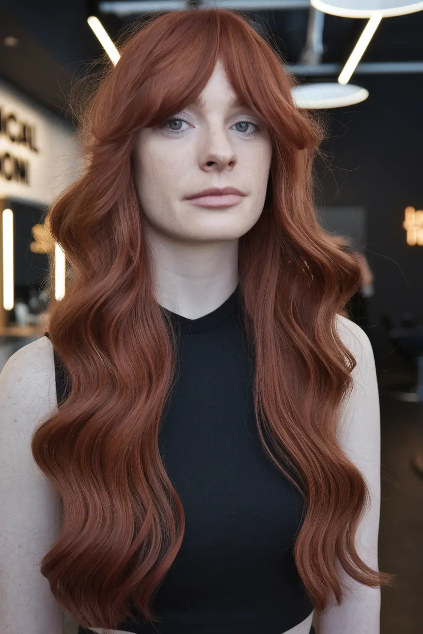 fall haircuts 2025 long with bangs+Copper Waves with Retro Bangs
