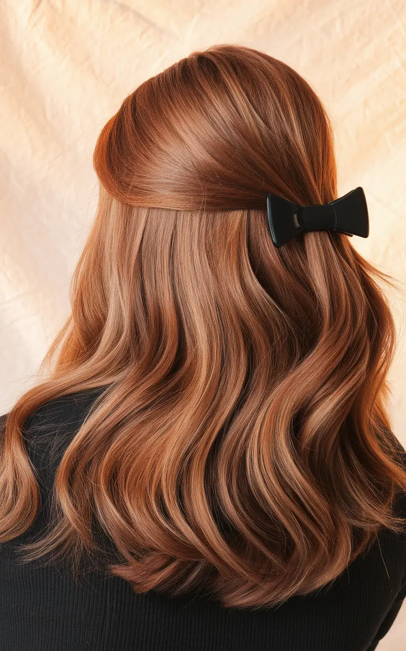 long haircut fall 2025+Soft Auburn and Retro Bow Charm
