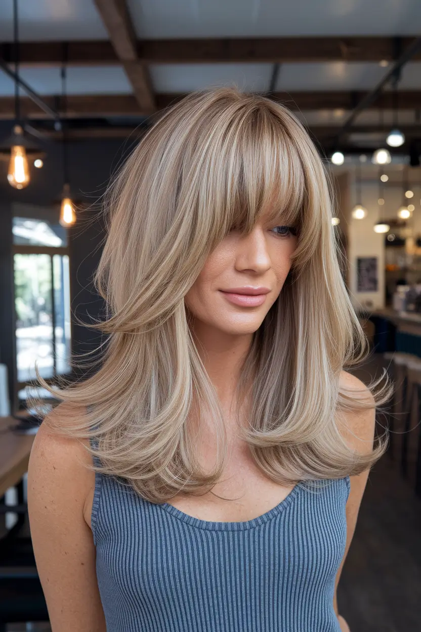 fall hairstyle for medium hair Soft Layers with Feathered Bangs for Timeless Volume