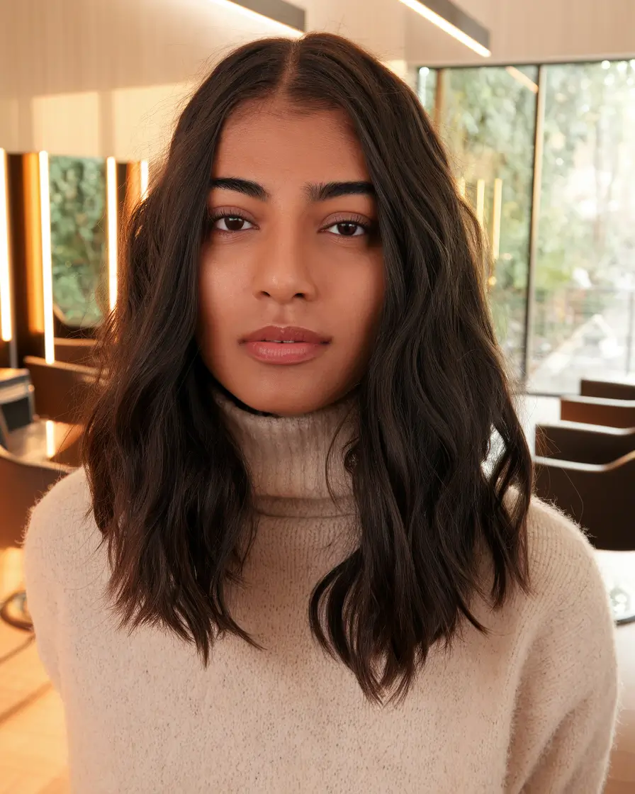 fall hairstyle for medium hair Natural Waves with Center Part for Effortless Depth