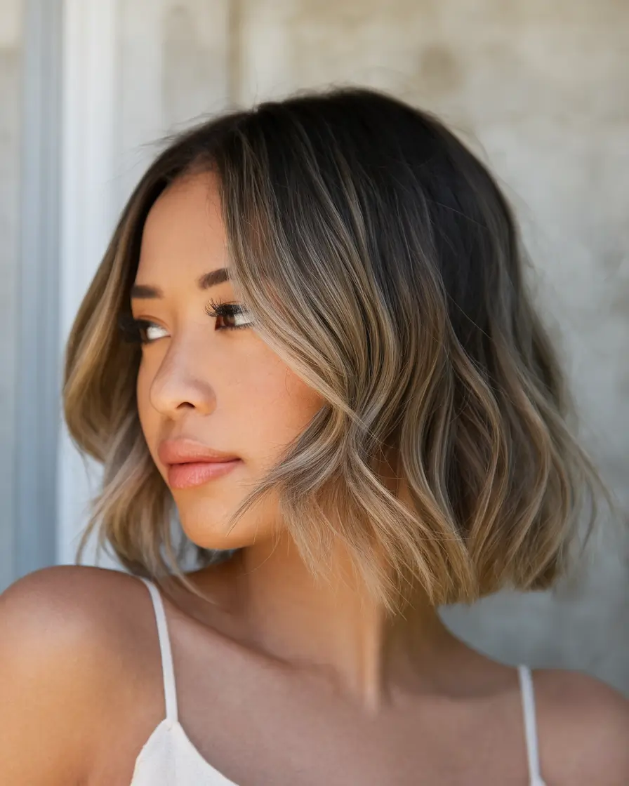 fall hairstyle for medium hair Soft Balayage Bob with Gentle Face-Framing