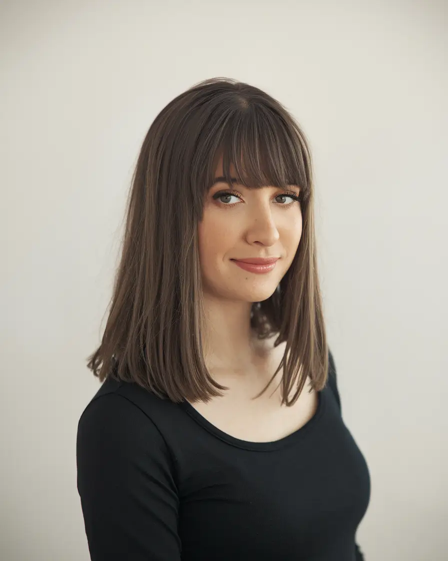 fall hairstyle for medium hair Classic Brown Cut with Blunt Bangs