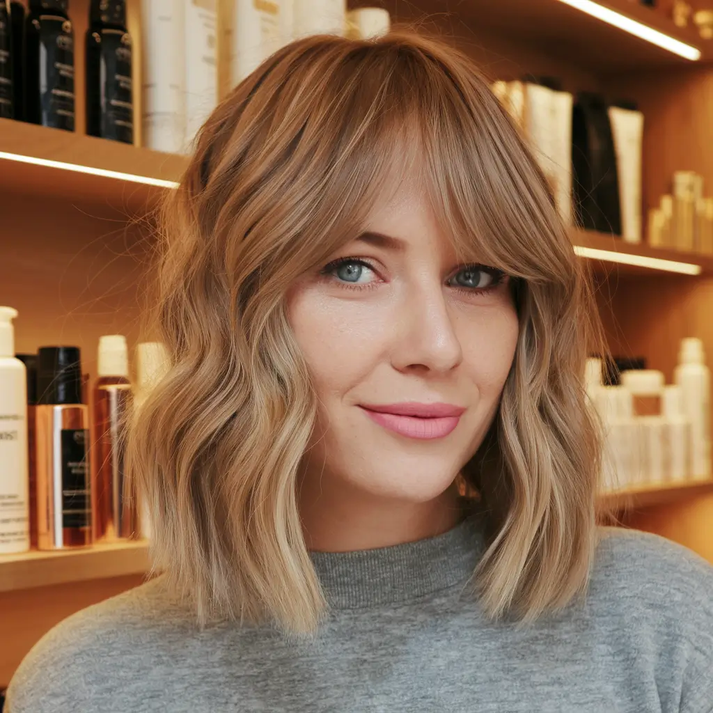 fall hairstyle for medium hair Wavy Shaggy Lob with Curtain Fringe