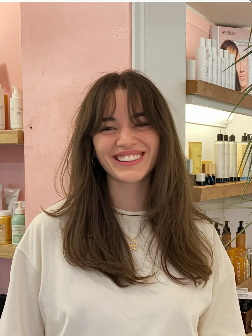 fall hairstyle for medium hair Airy Layers with Wispy Fringe for Brunette Glow