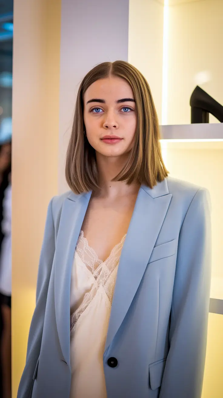 fall hairstyle for medium hair Polished Blunt Cut with a Sleek Center Part