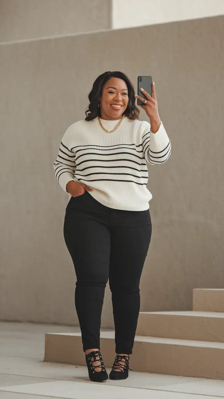 midsize fall outfits casual Stripes and Smiles