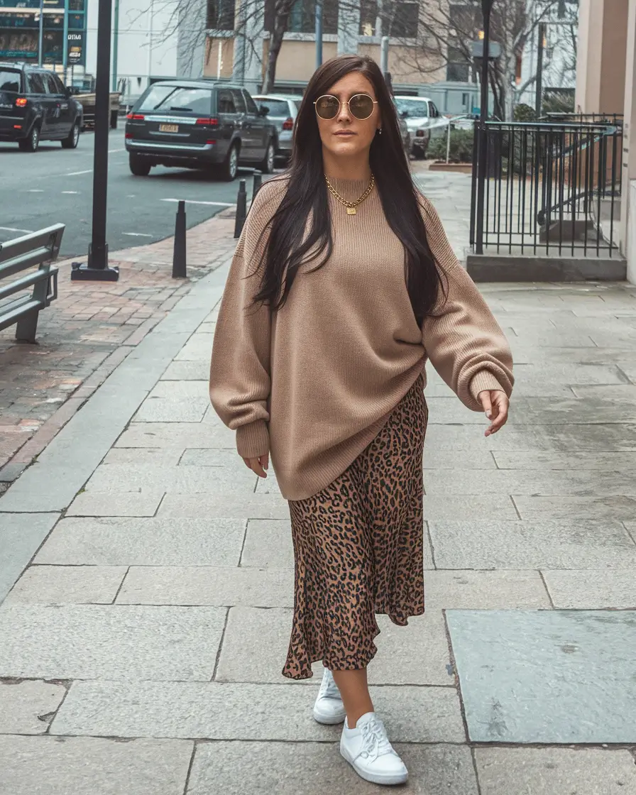 midsize fall outfits 2025 Animal Print Skirts with Neutral Sweaters: Fall’s Cool Girl Formula