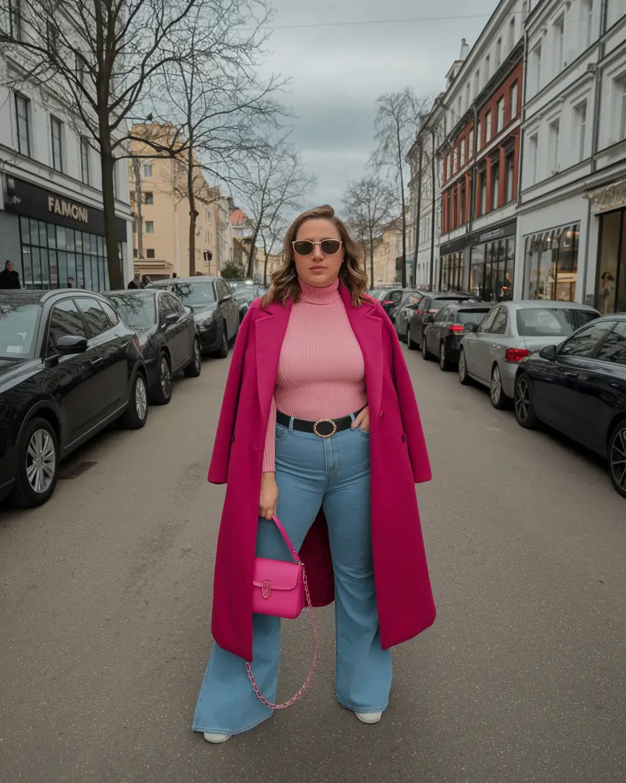 midsize fall outfits 2025 jeans Punchy Pink Power Moment