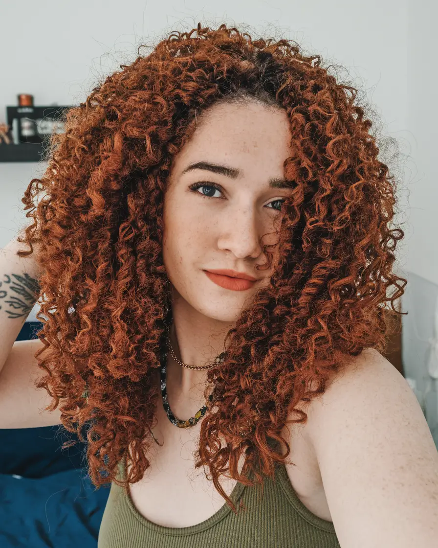fall red hair color autumn curly Warm Ginger Corkscrew Volume