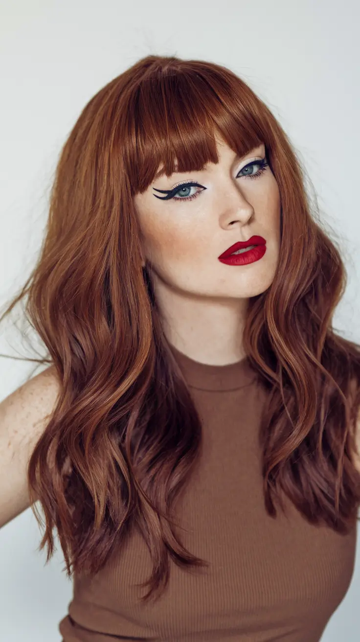 fall red hair color balayage Maple Brunette with Burnished Bangs