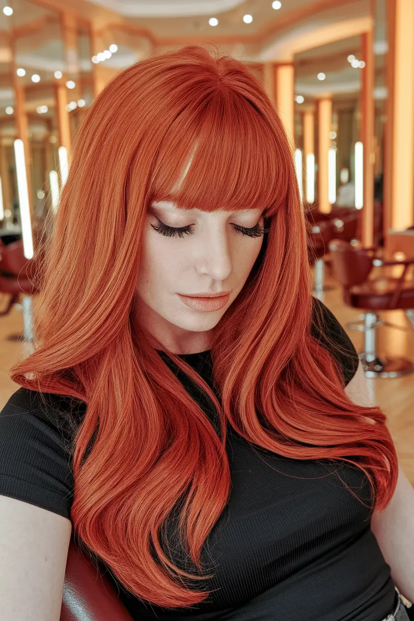 fall red hair color autumn highlights 2025 Retro Curtain Bangs with a Firelight Finish