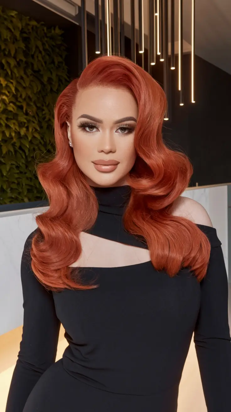 fall red hair color balayage Classic Waves in Deep Copper Cinnamon