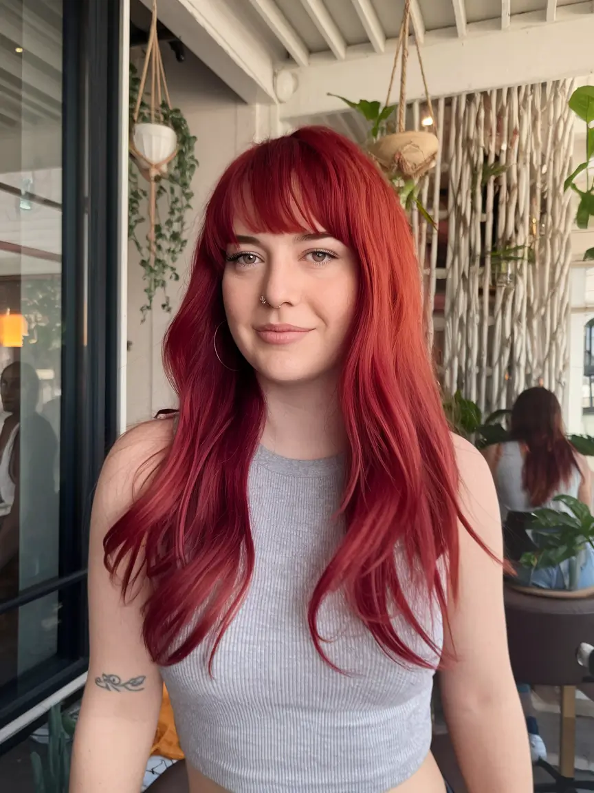 fall red hair color for brunettes Cherry Cola Layers with Indie Bangs