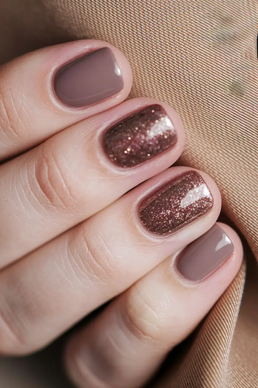 Fall Nail Color Ideas for Women Over 60 Subtle Taupe with Copper Sparkle Accents