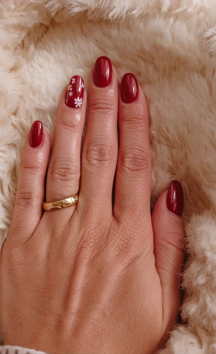 Fall Nail Color Ideas for Women Over 60 Warm Burgundy with Playful Florals