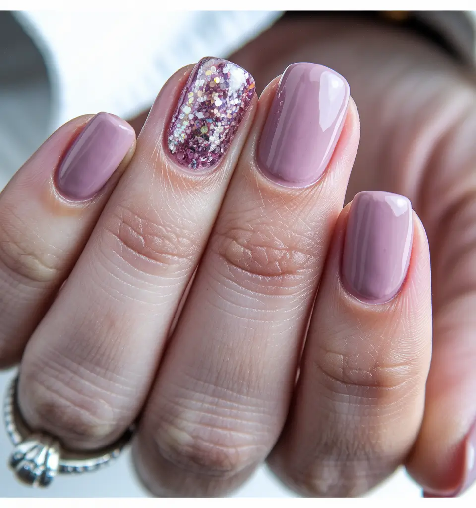 Fall Nail Color Ideas for Women Over 60 Rosewood Pink with Multi-Sparkle Accent