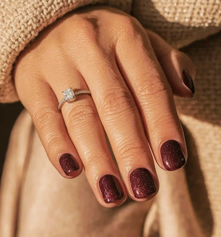 Fall Nail Color Ideas for Women Over 60 Dark Garnet with Subtle Glitter Depth
