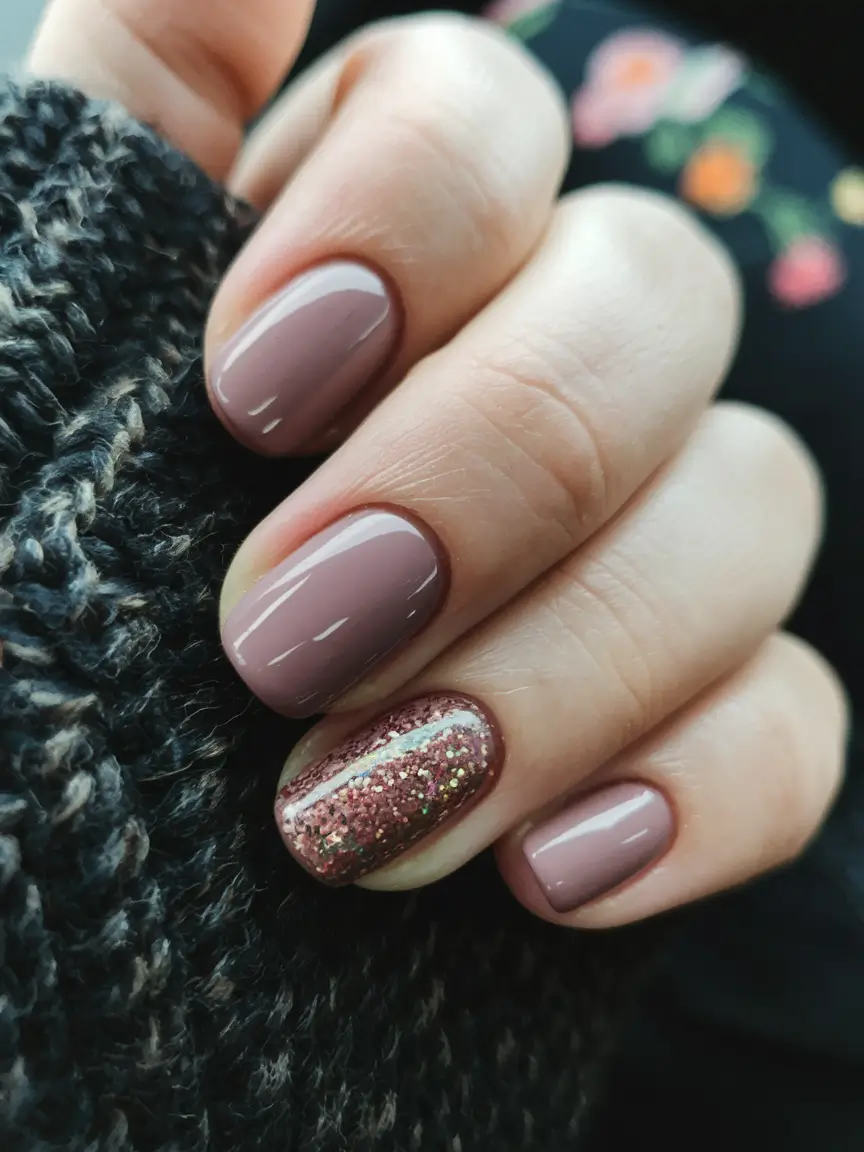 Fall Nail Color Ideas for Women Over 60 Muted Mauve and Copper Glitter Combo