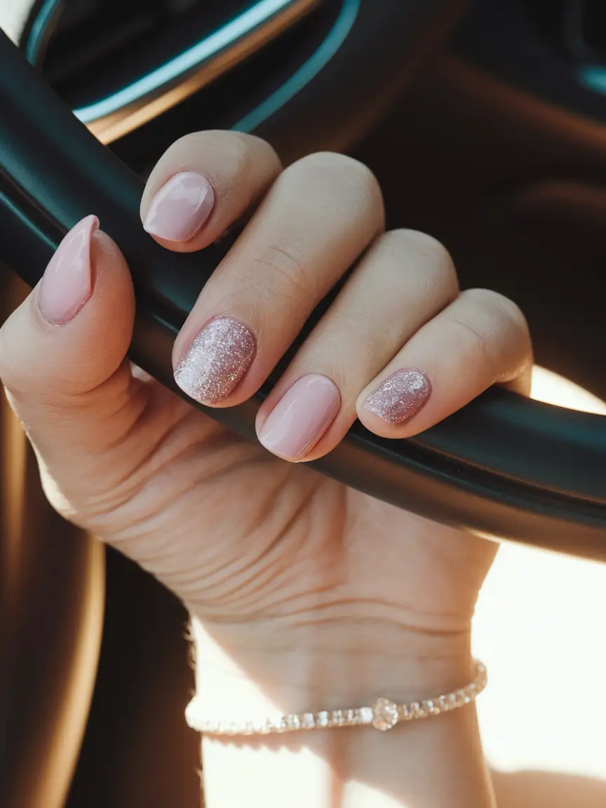 Fall Nail Color Ideas for Women Over 60 Soft Blush Pink with Shimmering Accent