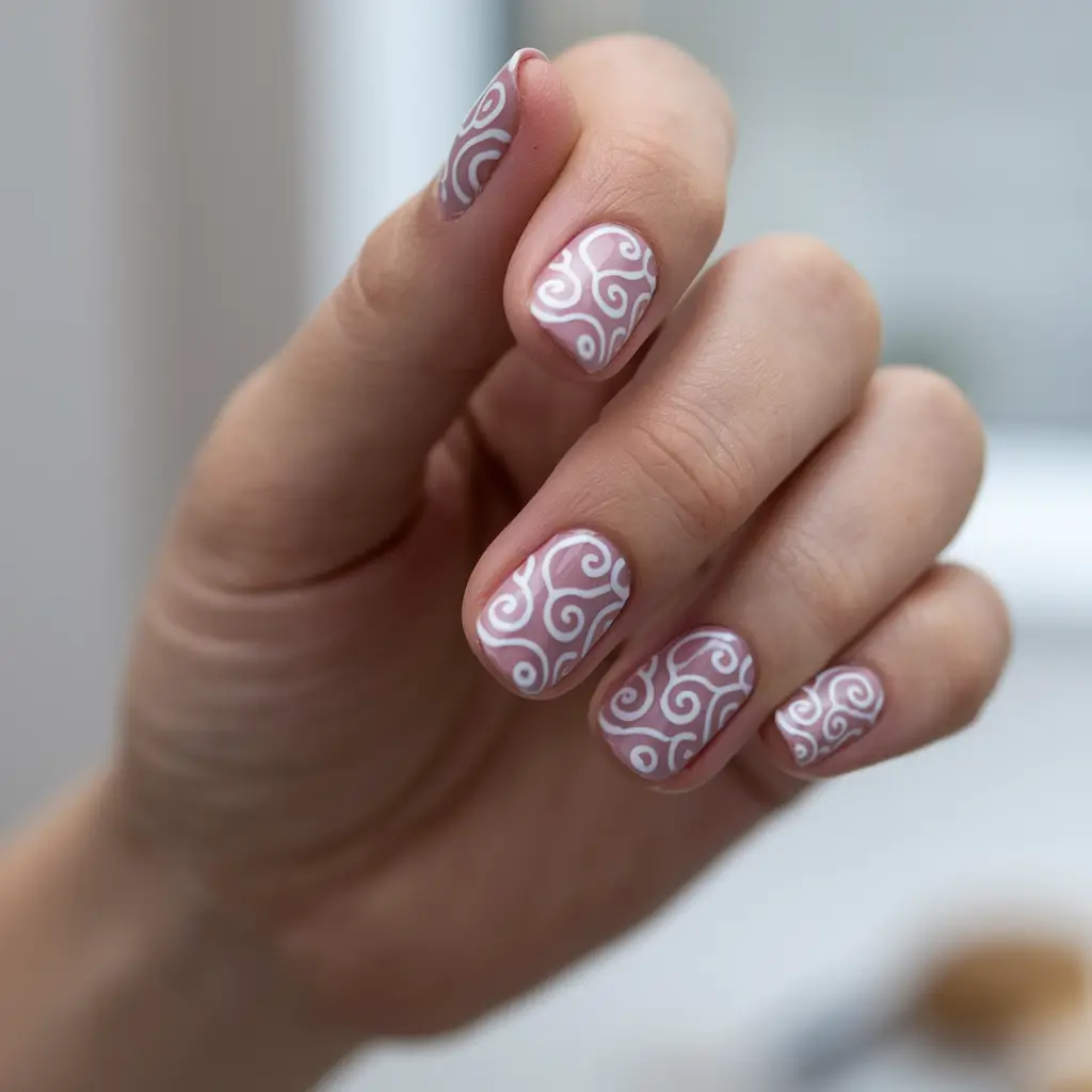 Fall Nail Color Ideas for Women Over 60 Artistic Swirls on a Mauve Canvas