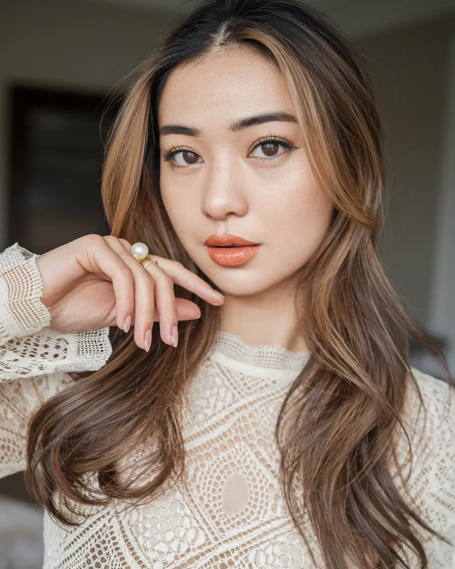 september hair color ideas brunette Glossy Waves with a Soft Middle Part