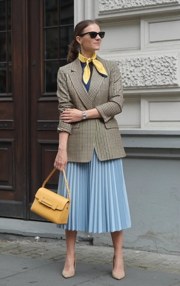 fall office outfits for women 2025 Sunny Retro in Gingham and Powder Blue