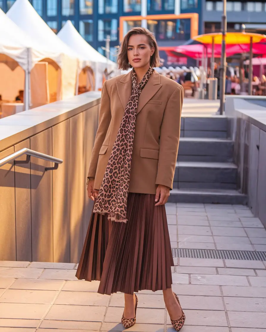 fall office outfits for women 2025 Classic Animal Print Meets Power Pleats