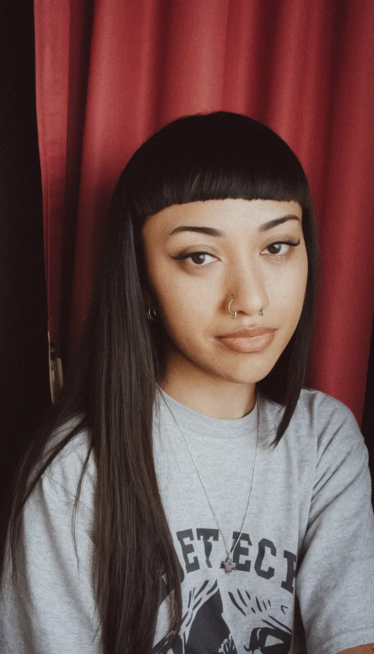 fun fall hair colors black hair Pin-Straight with Blunt Micro Bangs