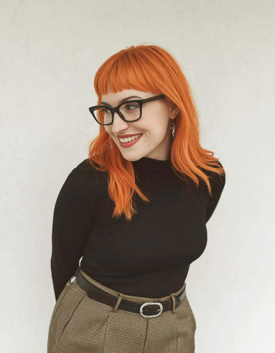 fun fall hair colors 2025 Tangerine Dream with Structured Bangs