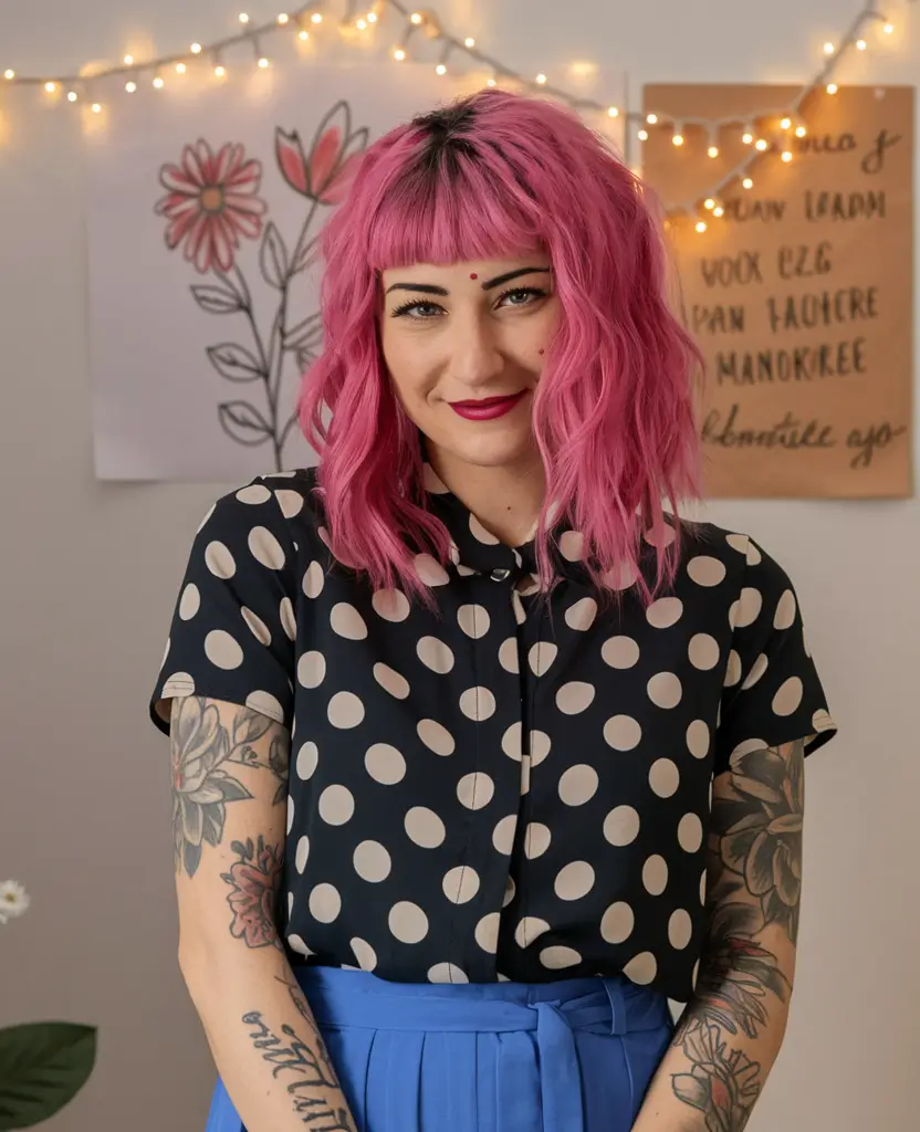 fun fall hair colors short hair Candy Pink with Wavy Texture and Choppy Fringe