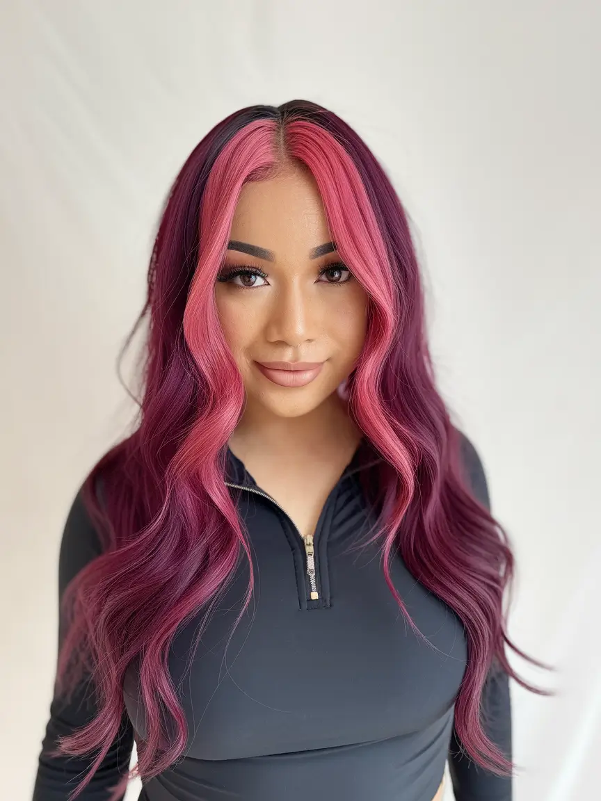 fun fall hair colors for brunettes Dark Magenta Base with Pastel Pink Money Pieces