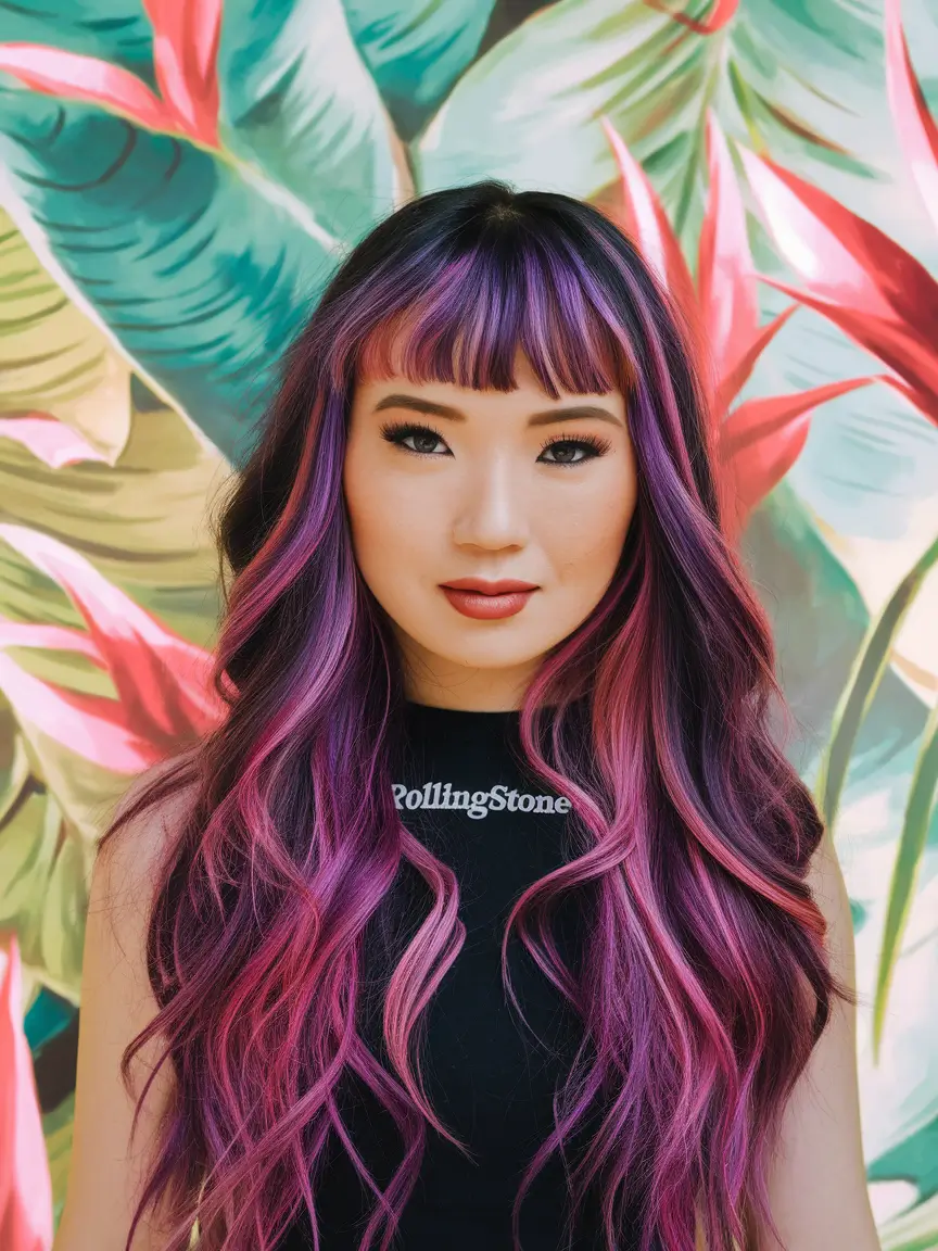 fun fall hair colors 2025 Amethyst Velvet Waves with Baby Bangs