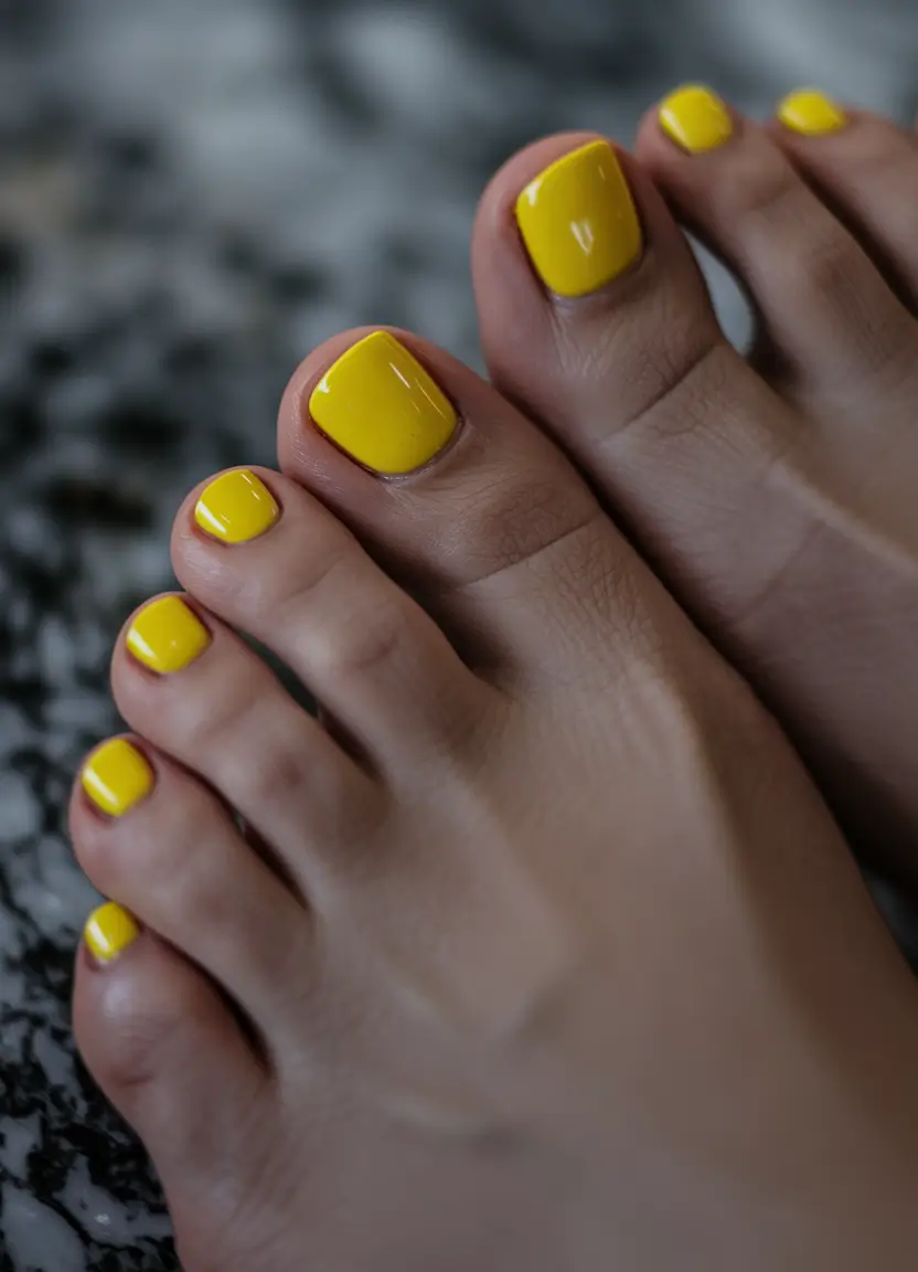 Pretty Toe Nail Ideas for September 2025 - High-Gloss Yellow for a Golden September