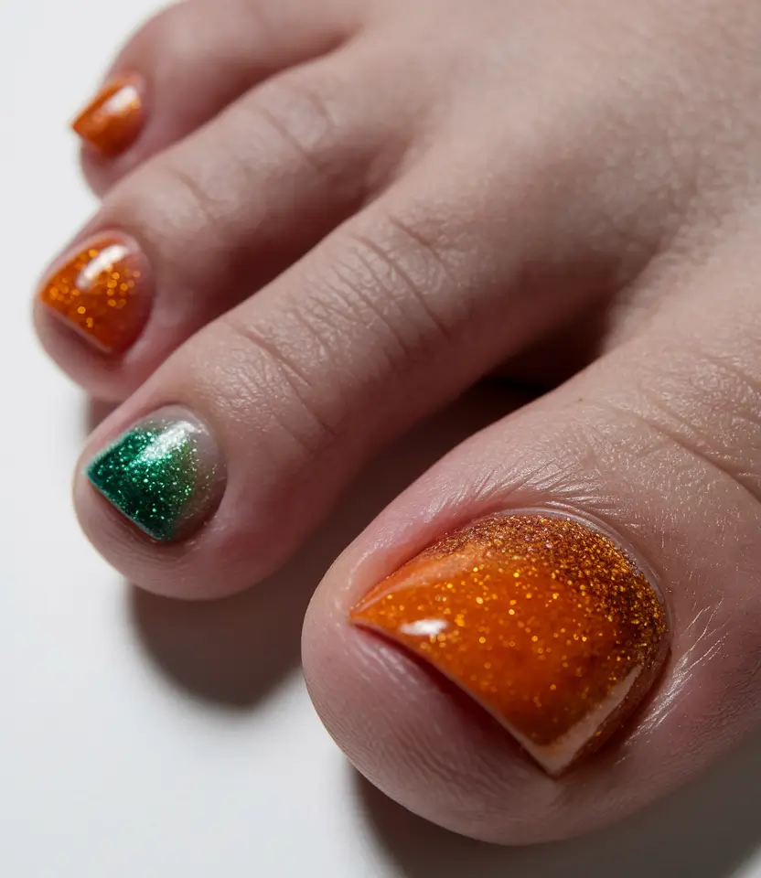 Pretty Toe Nail Ideas for September 2025+Sunset Orange and Glitter Gradient with a Splash of Green