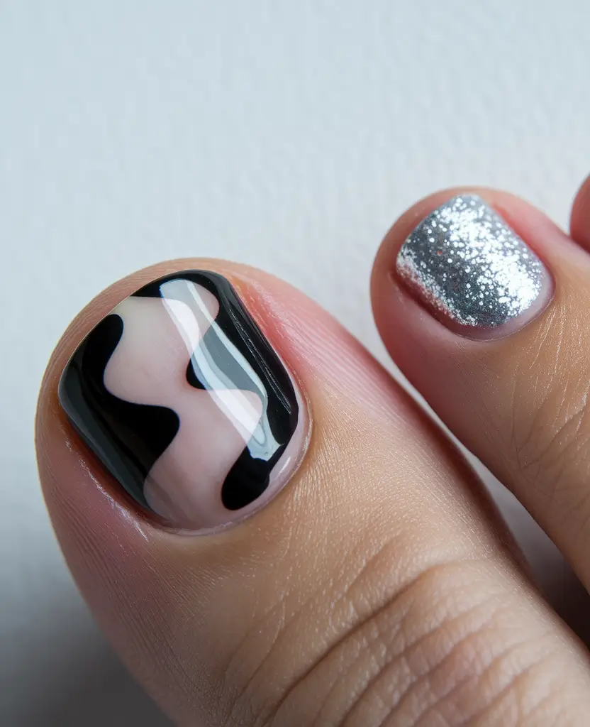 Pretty Toe Nail Ideas for September 2025 - Abstract Contrast with a Hint of Sparkle
