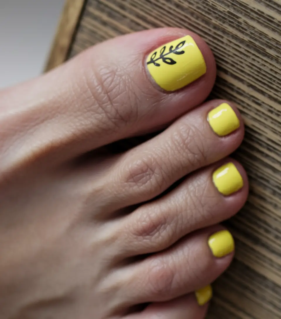Pretty Toe Nail Ideas for September 2025+Sunny Yellow and Leafy Black Detail